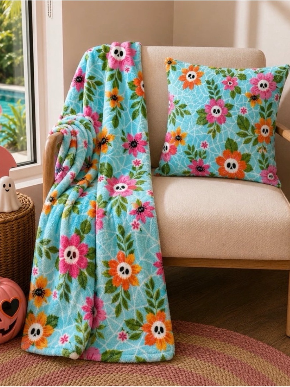Summerween Floral Skull Plush Throw Blanket & pillow set- Aqua Blue